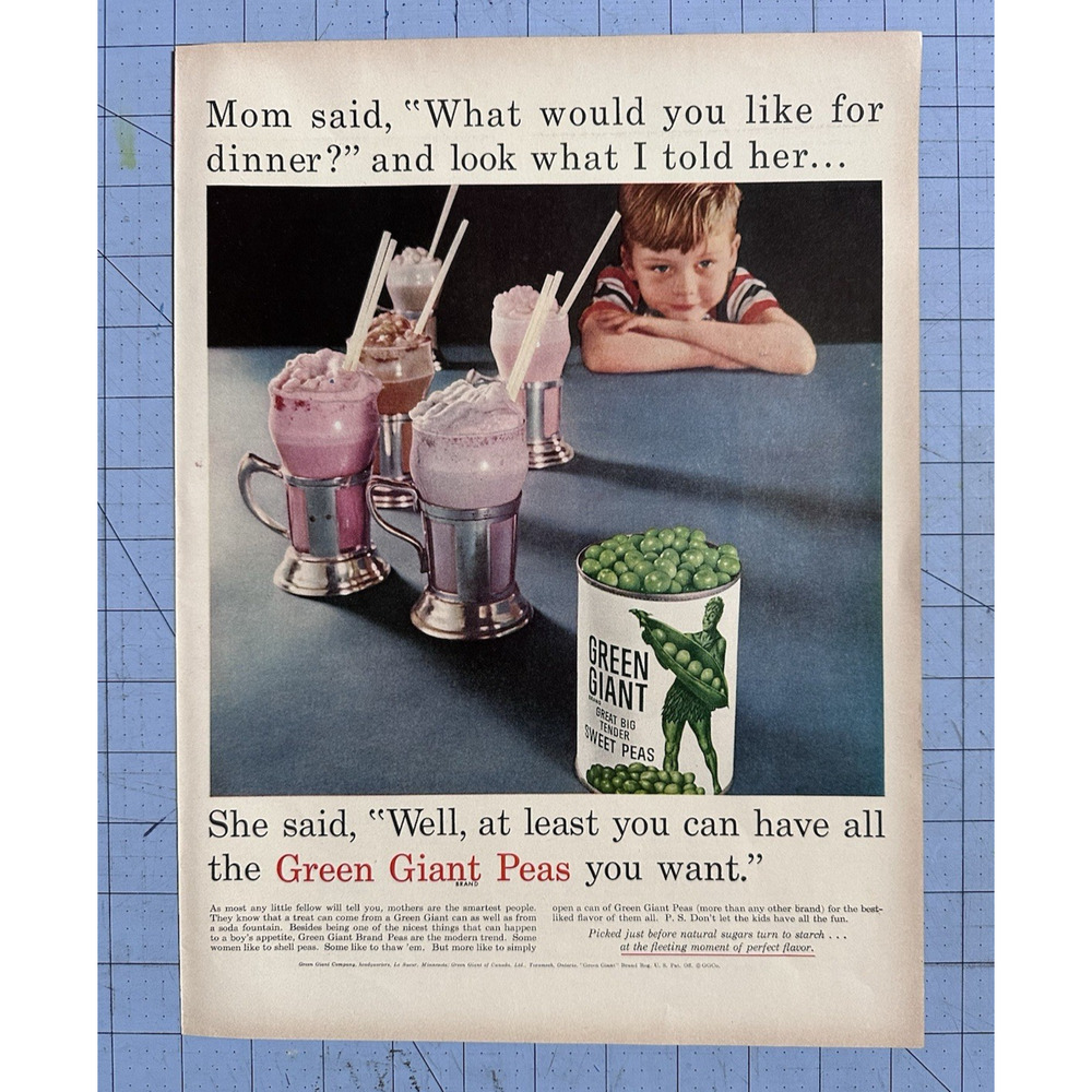 1955 Green Giant Peas Tender Sweet Canned Vegetable Boy Vintage Print Ad